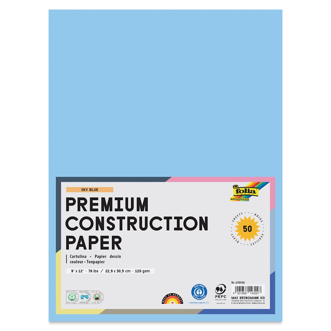 Open in modal - Folia Premium Construction Paper - Pkg of 50, Sky Blue, 9" x 12", front of packaging