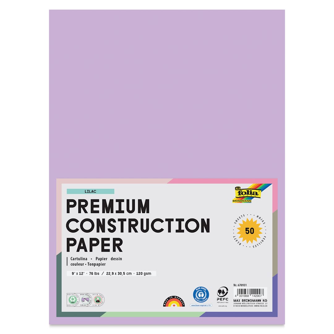 Open in modal - Folia Premium Construction Paper - Pkg of 50, Lilac, 9" x 12", front of packaging