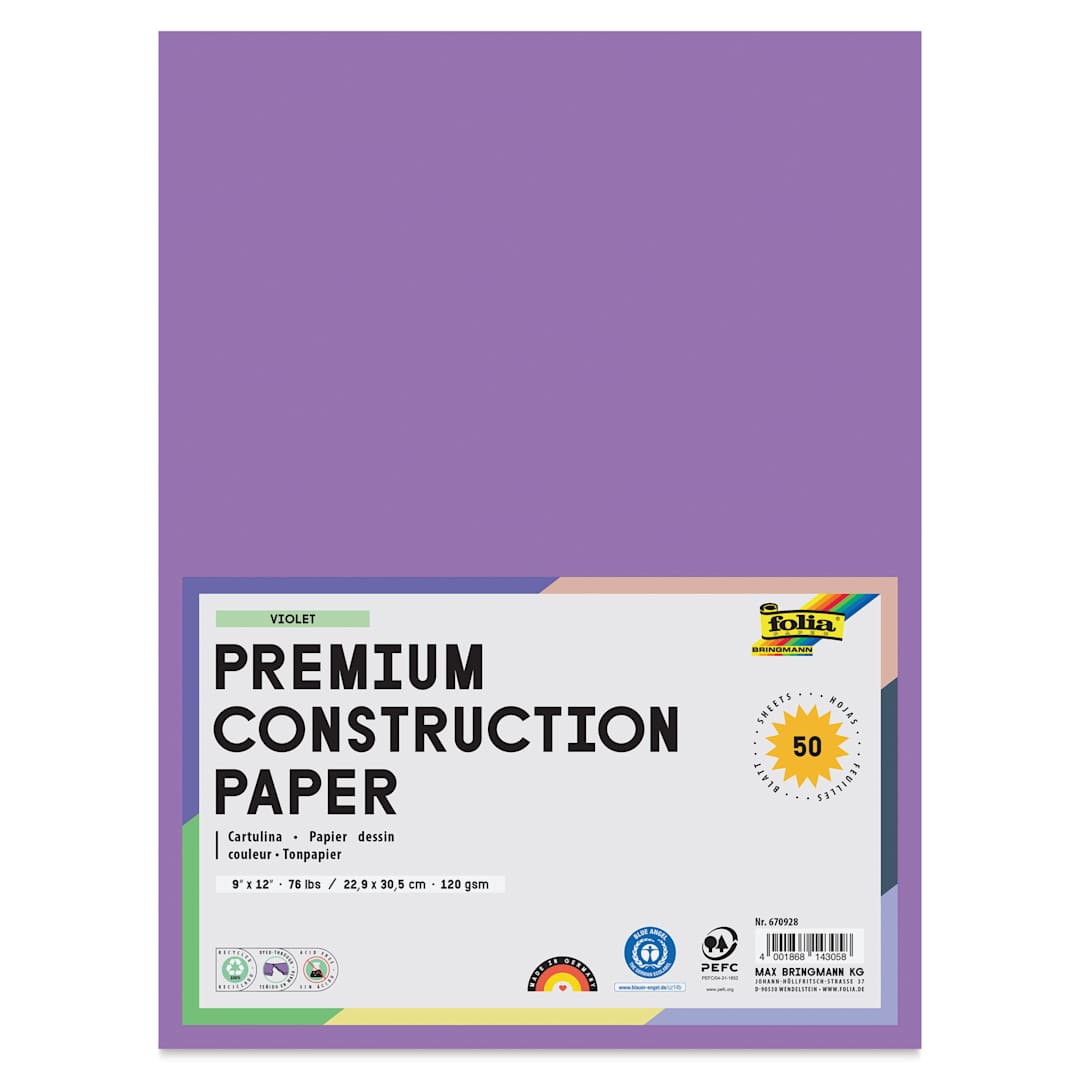 Open in modal - Folia Premium Construction Paper - Pkg of 50, Violet, 9" x 12", front of packaging