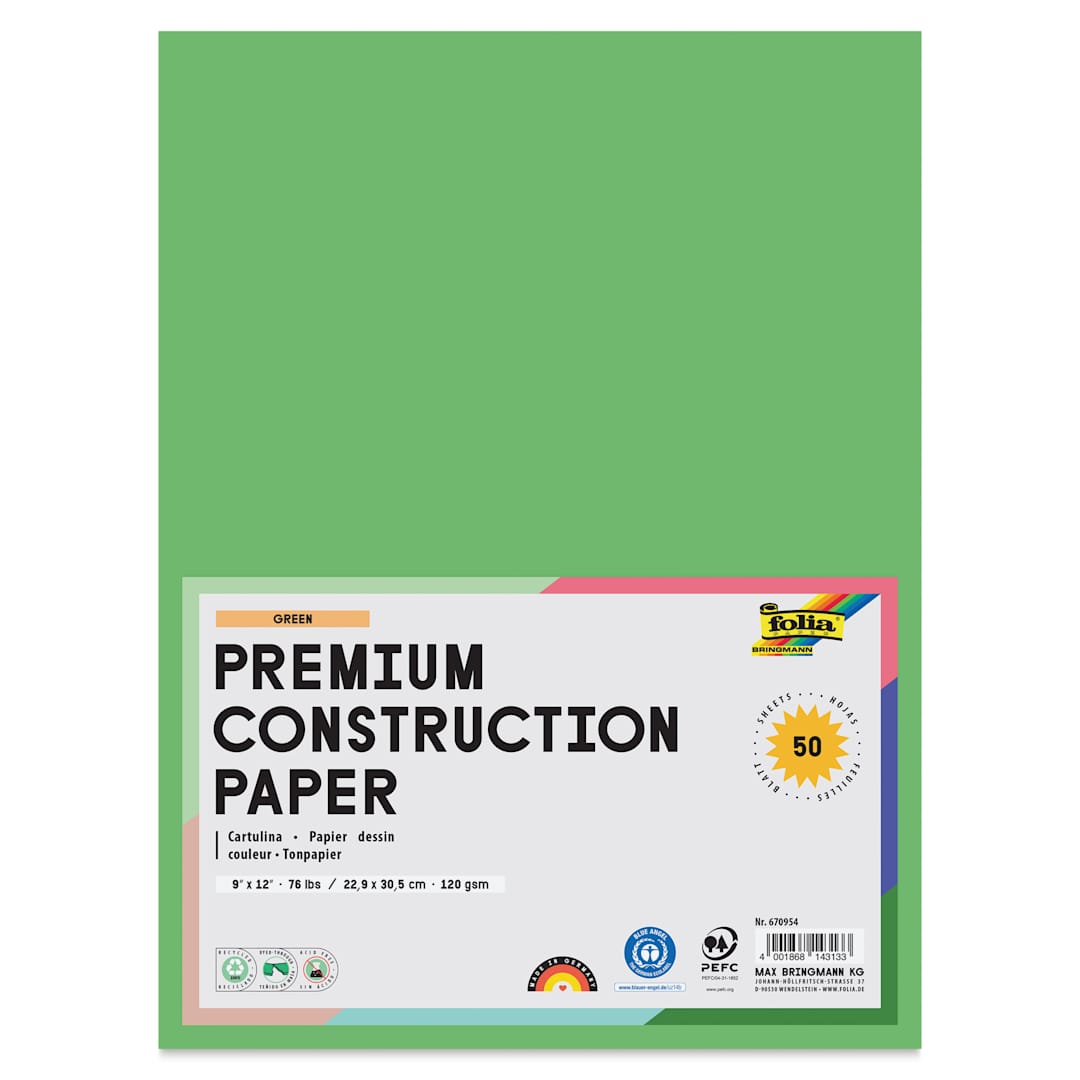 Open in modal - Folia Premium Construction Paper - Pkg of 50, Holiday Green, 9" x 12", front of packaging