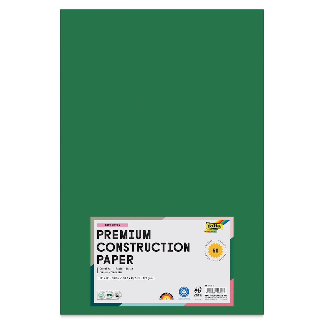 Open in modal - Folia Premium Construction Paper - Pkg of 50, Dark Green, 12" x 18", front of packaging