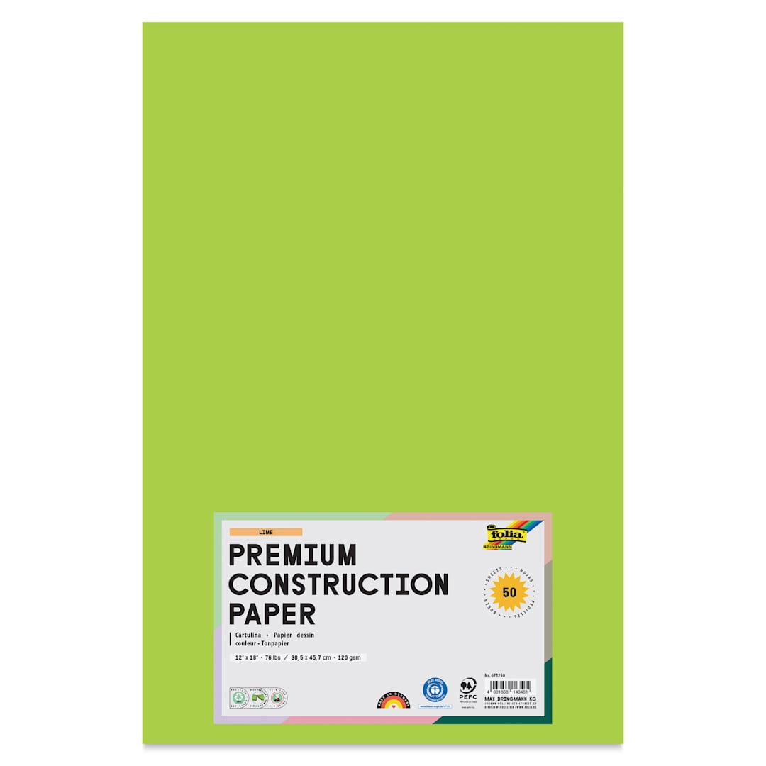 Open in modal - Folia Premium Construction Paper - Pkg of 50, Lime, 12" x 18", front of packaging