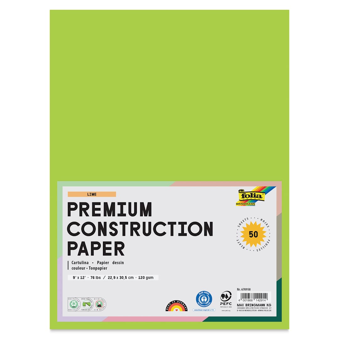 Open in modal - Folia Premium Construction Paper - Pkg of 50, Lime, 9" x 12", front of packaging