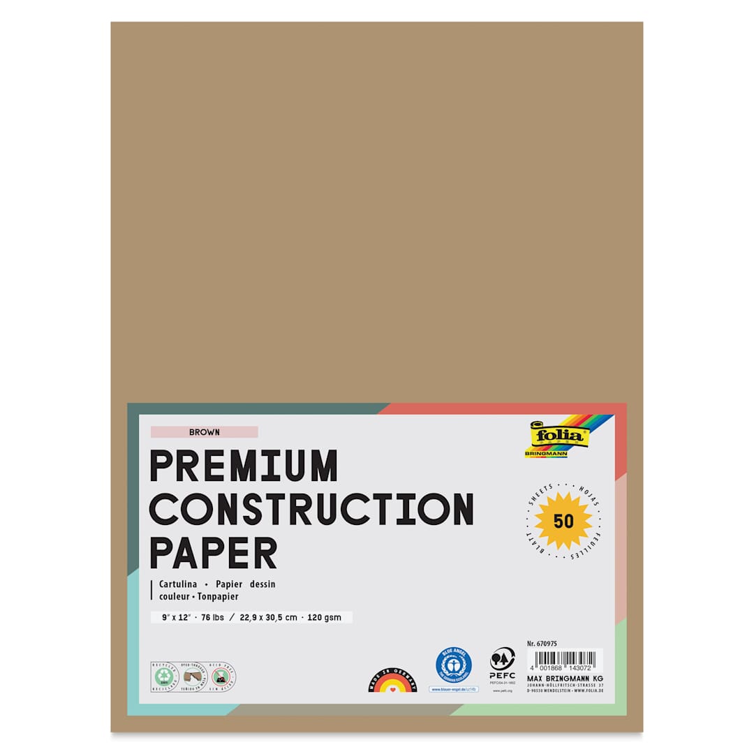 Open in modal - Folia Premium Construction Paper - Pkg of 50, Brown, 9" x 12", front of packaging