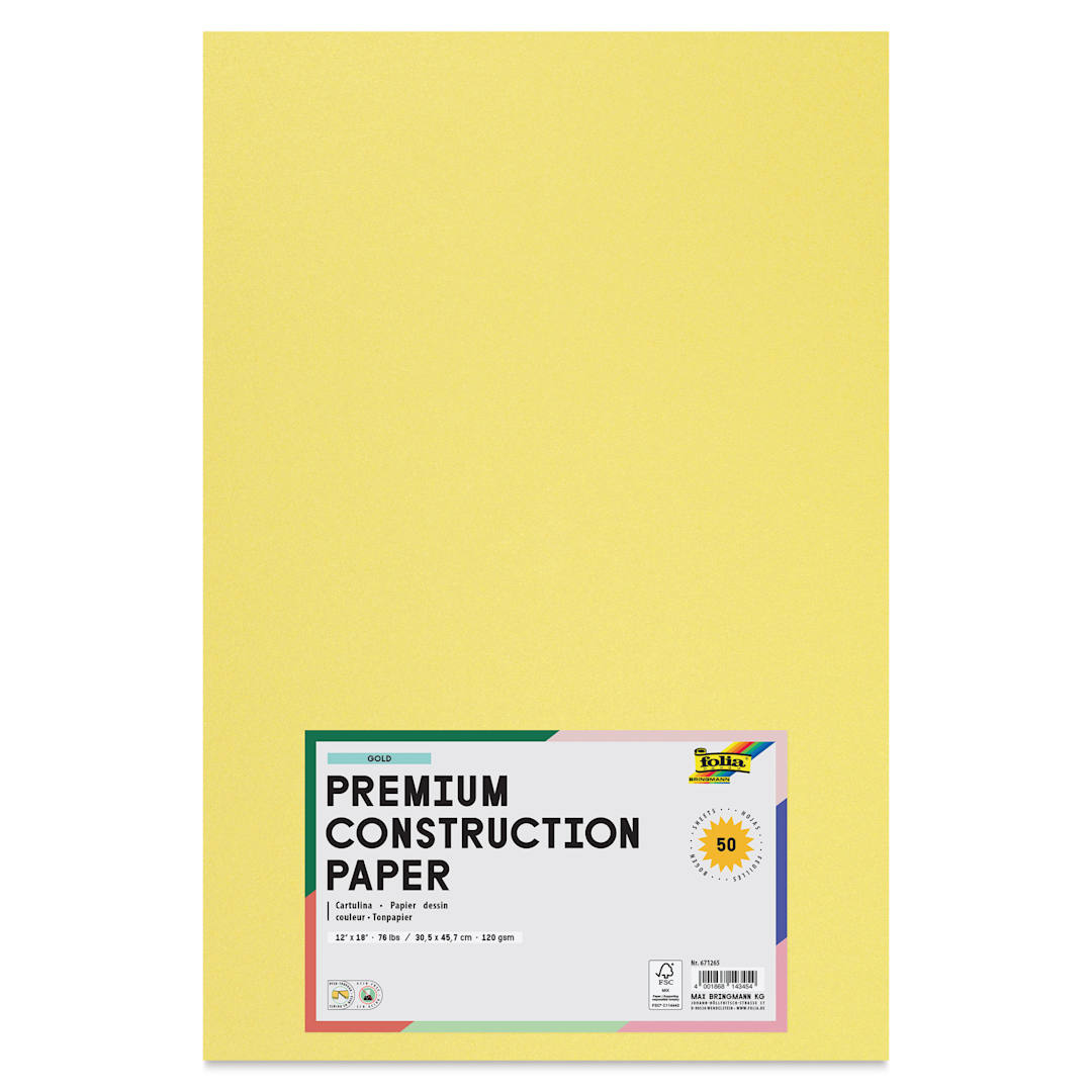 Open in modal - Folia Premium Metallic Construction Paper - Pkg of 50, Gold, 12" x 18", front of packaging