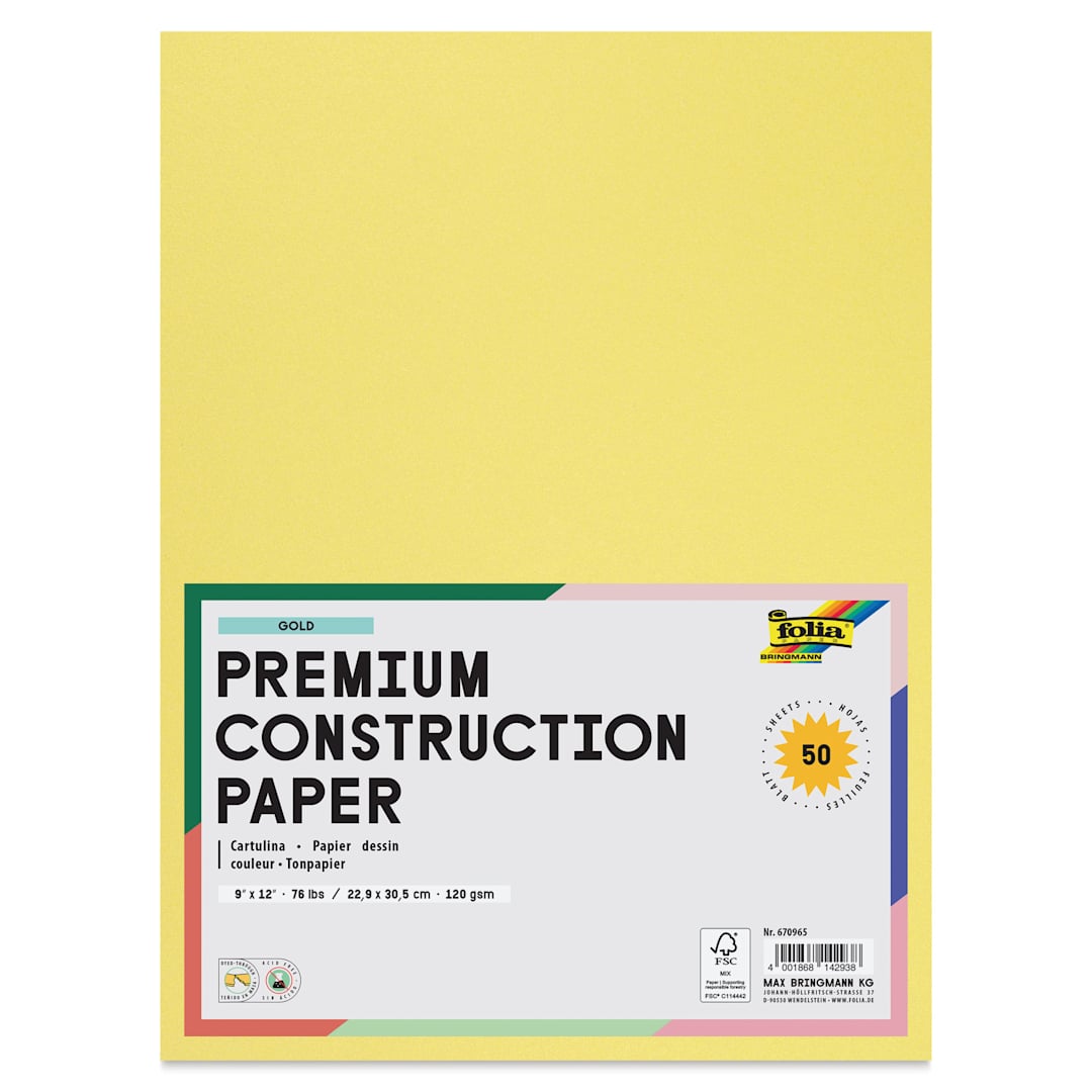 Open in modal - Folia Premium Metallic Construction Paper - Pkg of 50, Gold, 9" x 12", front of packaging