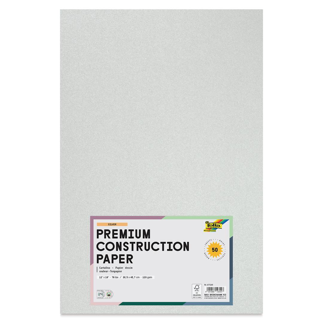 Open in modal - Folia Premium Metallic Construction Paper - Pkg of 50, Silver, 12" x 18", front of packaging