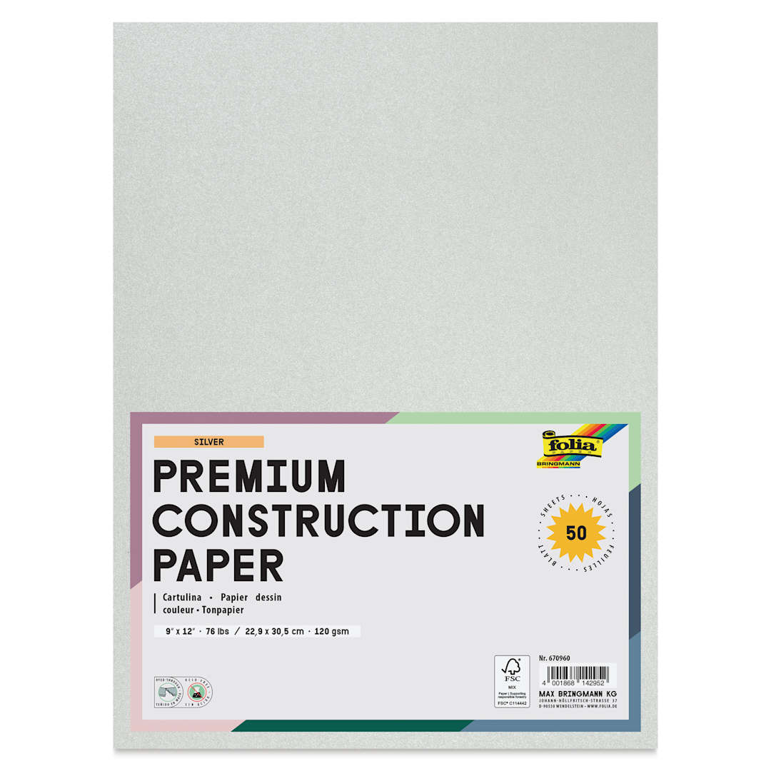 Open in modal - Folia Premium Metallic Construction Paper - Pkg of 50, Silver, 9" x 12", front of packaging