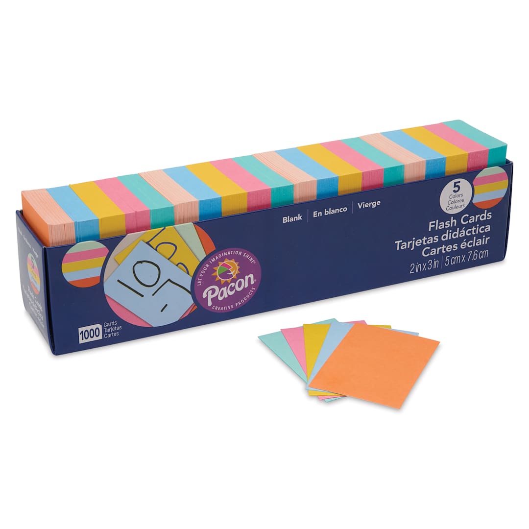 Open in modal - Pacon Flash Cards - Assorted, 3" x 2", Pkg of 1000, several index cards next to packaging