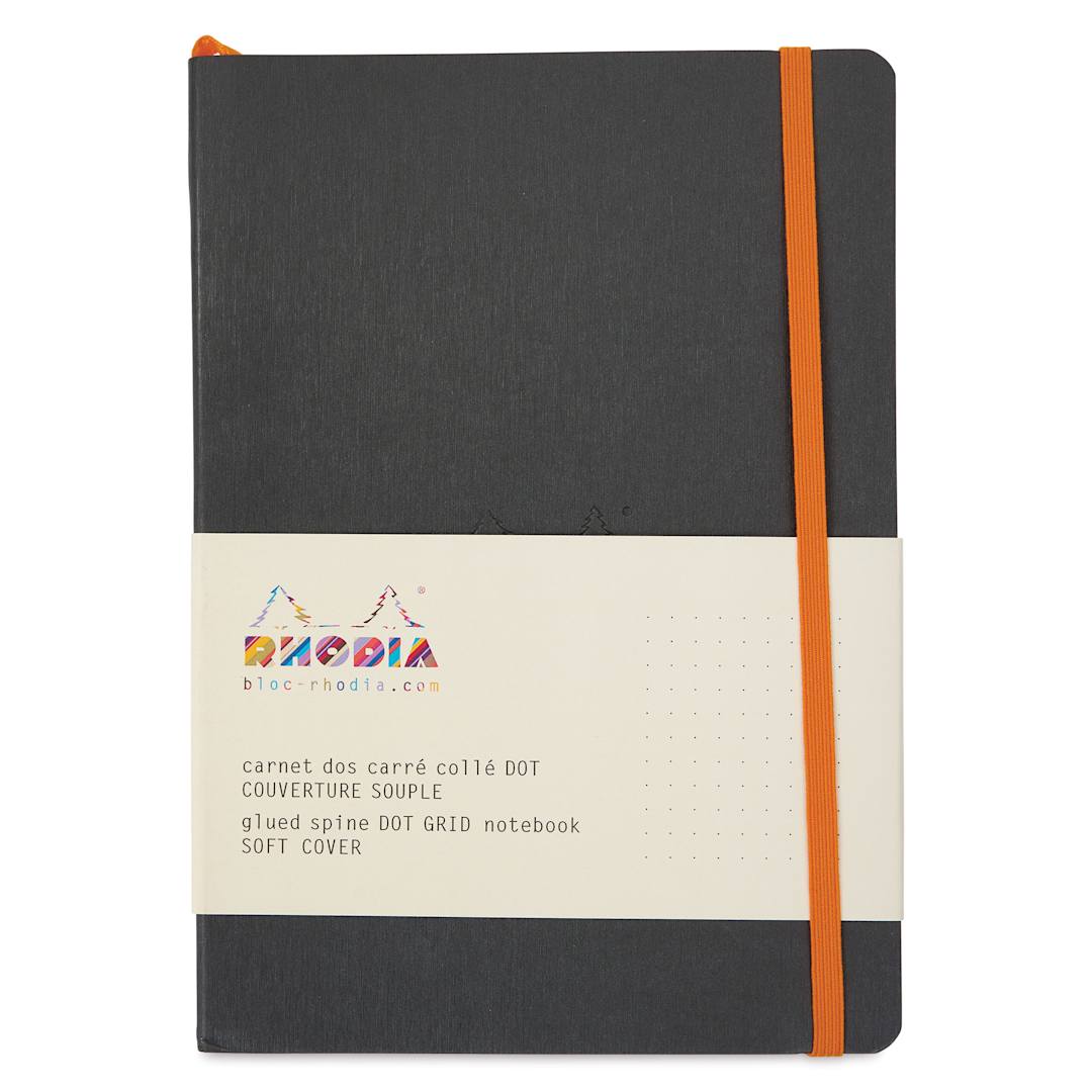 Open in modal - Rhodiarama Soft Cover Notebook - Dot Grid, Black, 5-3/10" x 8-7/10", front of packaging