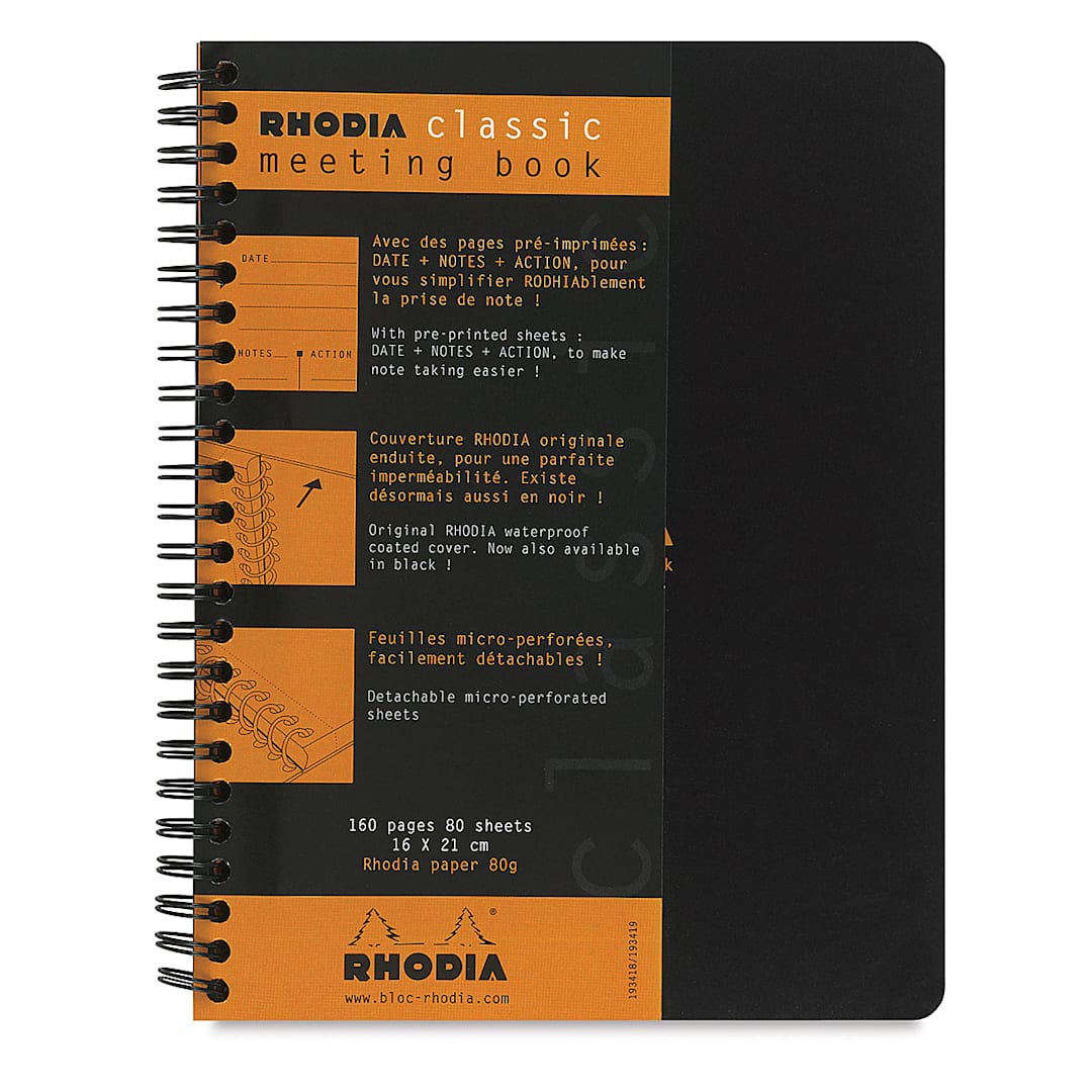 Open in modal - Rhodia Wirebound Meeting Notebook - Black, Lined, 8-1/4" x 6-1/2"