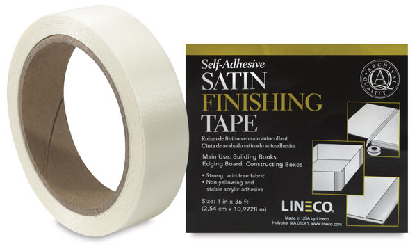 Open in modal - Lineco Satin Cloth Tapes - Ivory Tape Roll shown with package