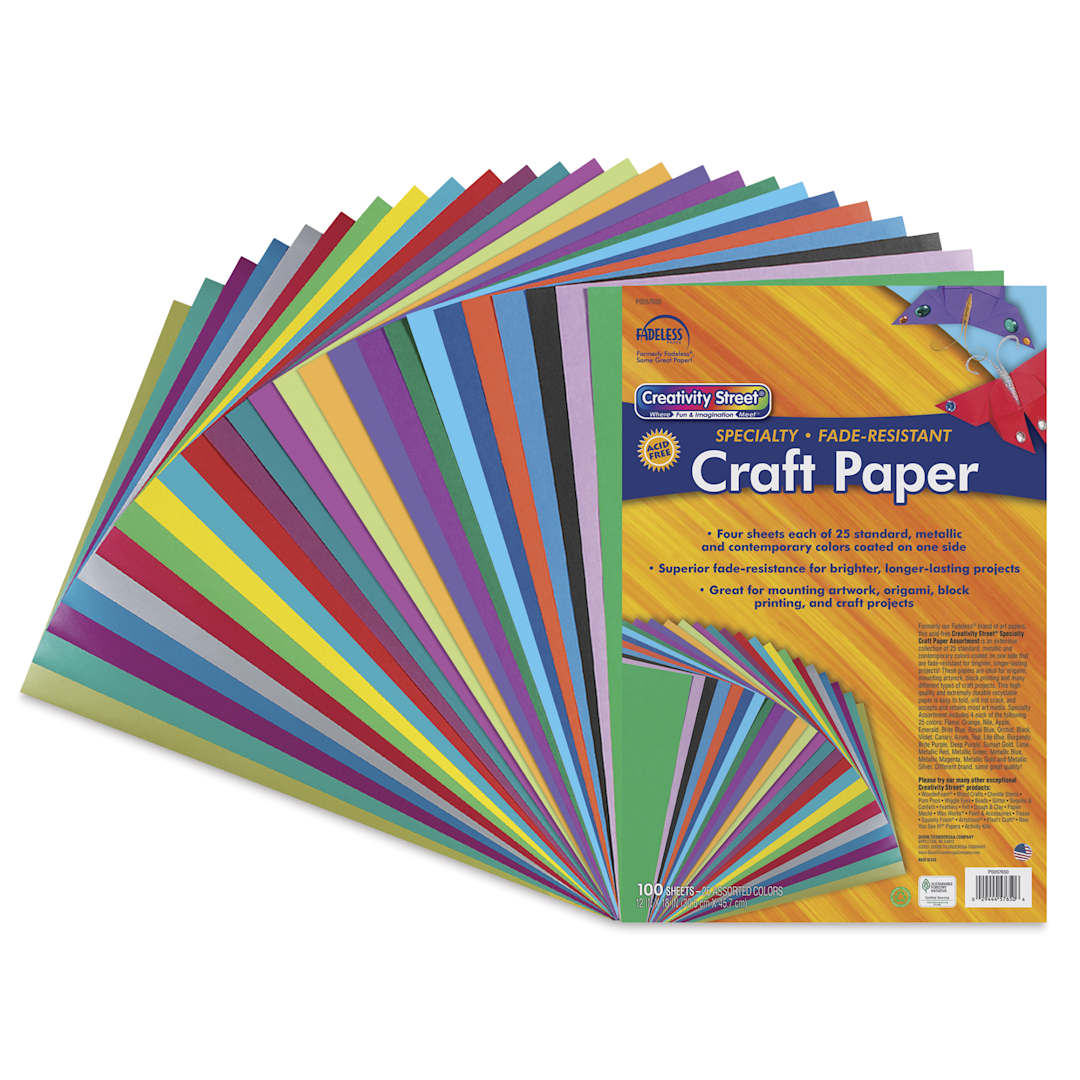 Open in modal - Fadeless Designer Paper - 12" x 18", 25 Colors, Pkg of 100, paper fanned out with label