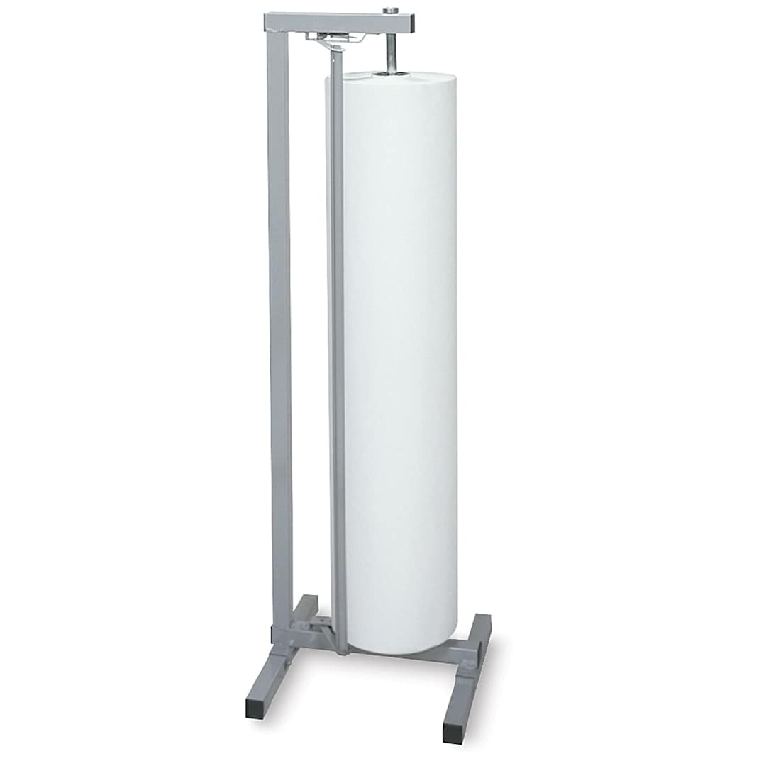 Open in modal - Vertical Paper Roll Racks - Front view of Single Rack without Casters holding 1 White Roll of paper