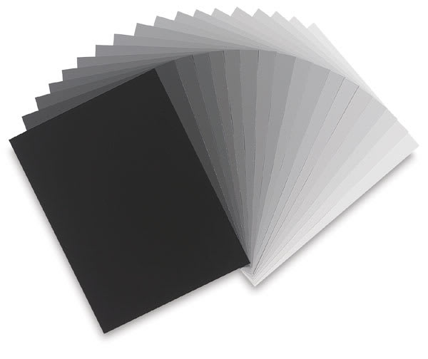 Open in modal - Color-aid Papers - Packet of 19 Graduated Gray Sheets, 9" x 12". Fan of sheets dark to light.