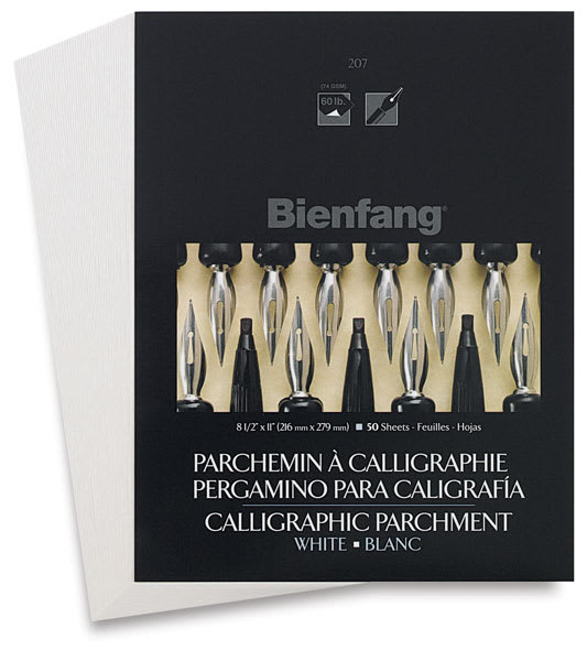 Open in modal - Bienfang Calligraphic Parchment Paper - Cover of White Paper pad shown, with fan of sheets behind