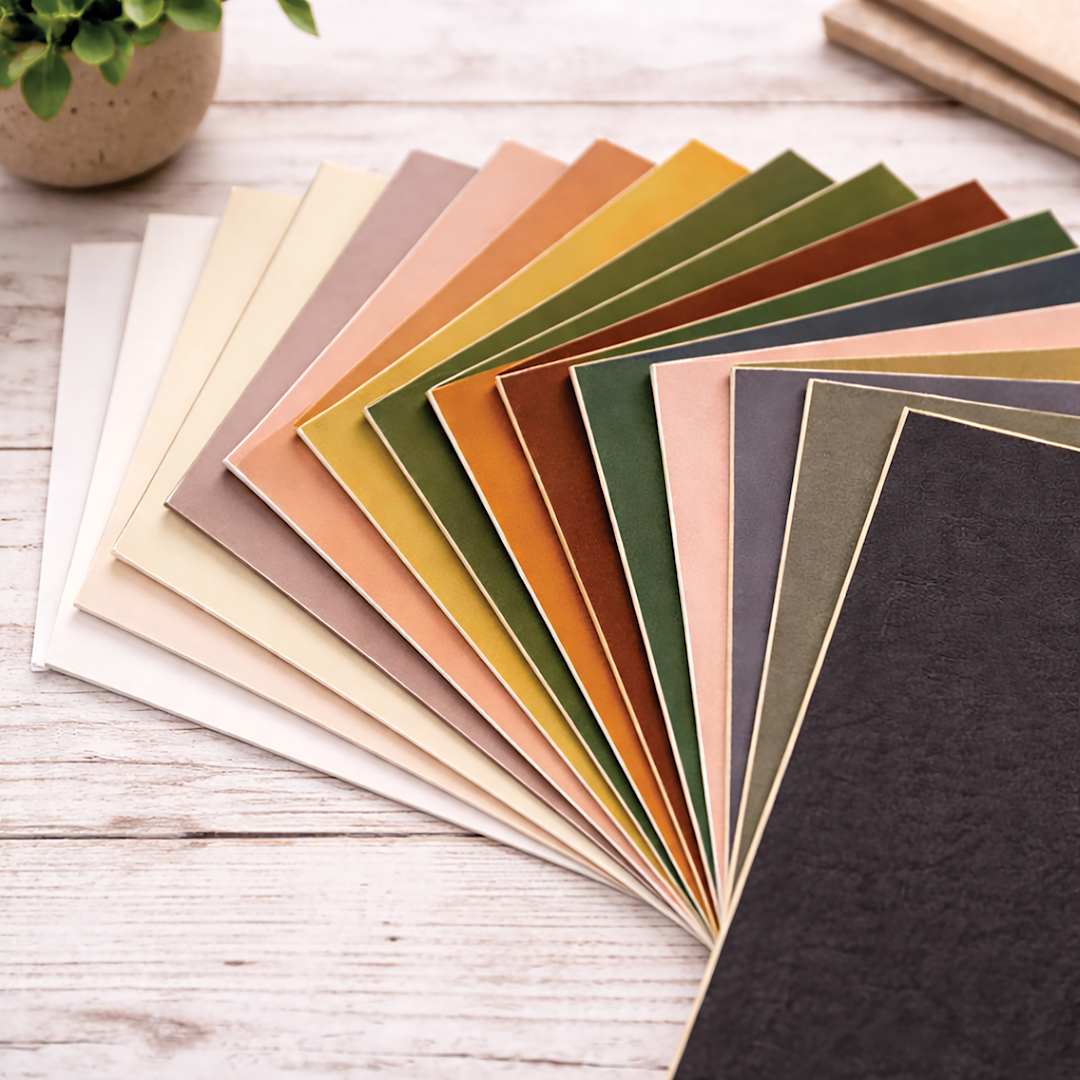 Open in modal - Crescent Berkeley Cream Core Matboard, a selection of colors fanned out on tabletop.