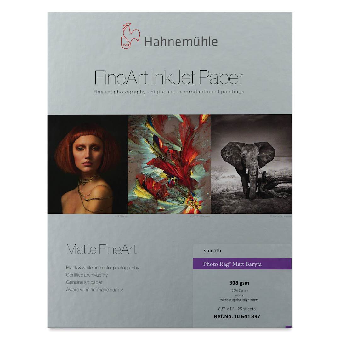 Open in modal - Hahnemühle Photo Rag Matt Baryta FineArt Inkjet Paper - 8-1/2" x 11", Pkg of 25, front of packaging
