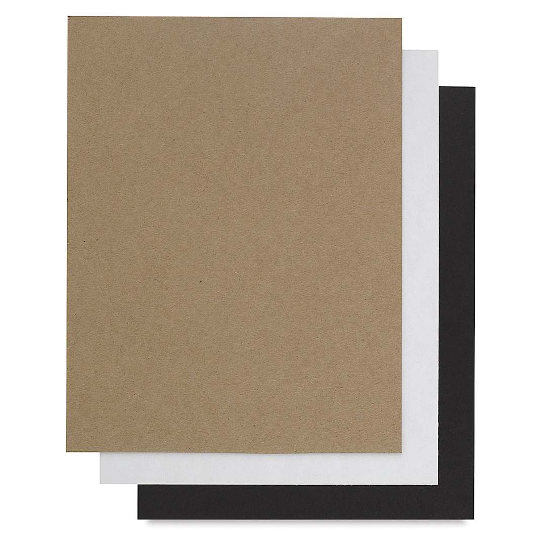 Open in modal - Grafix Chipboard Assorted Pack of 15 - Black, White, and Natural sheets of chipboard shown