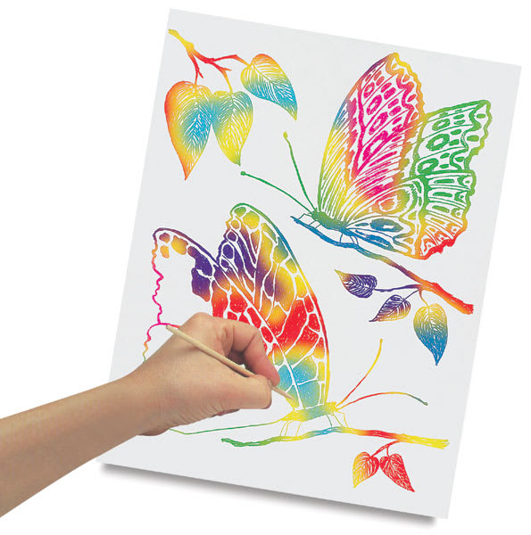 Open in modal - Scratch-Art Colored Papers - Child's hand scratching white paper to make rainbow butterflies