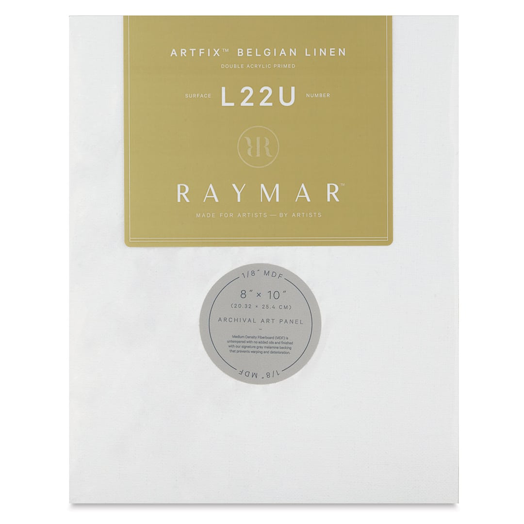 Open in modal - RayMar Artfix Acrylic Primed Belgian Linen Panels - Front of panel with label
