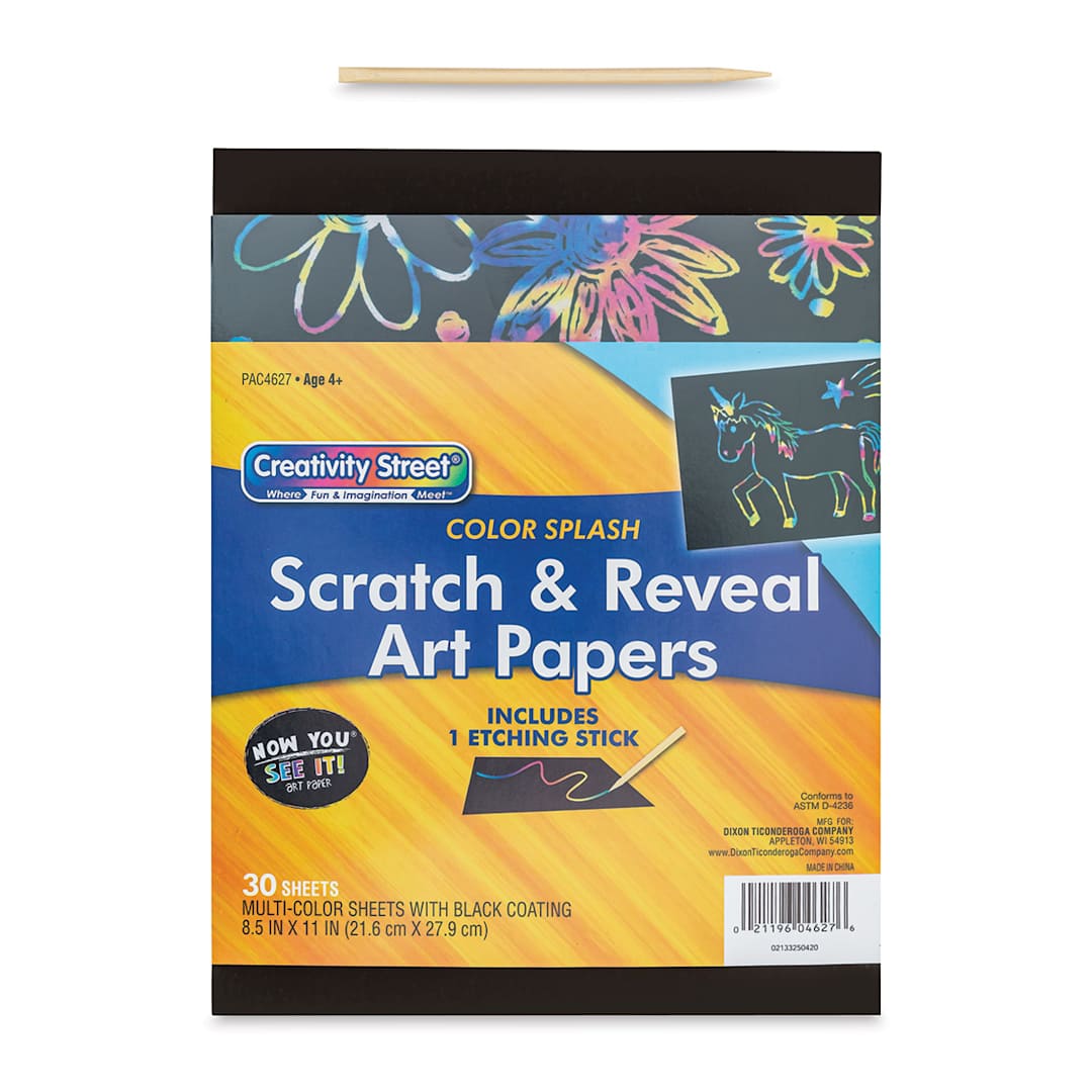 Open in modal - Now You See It Scratch and Reveal Art Paper - Color Splash, Pkg of 30 Sheets, front of the packaging and etching stick