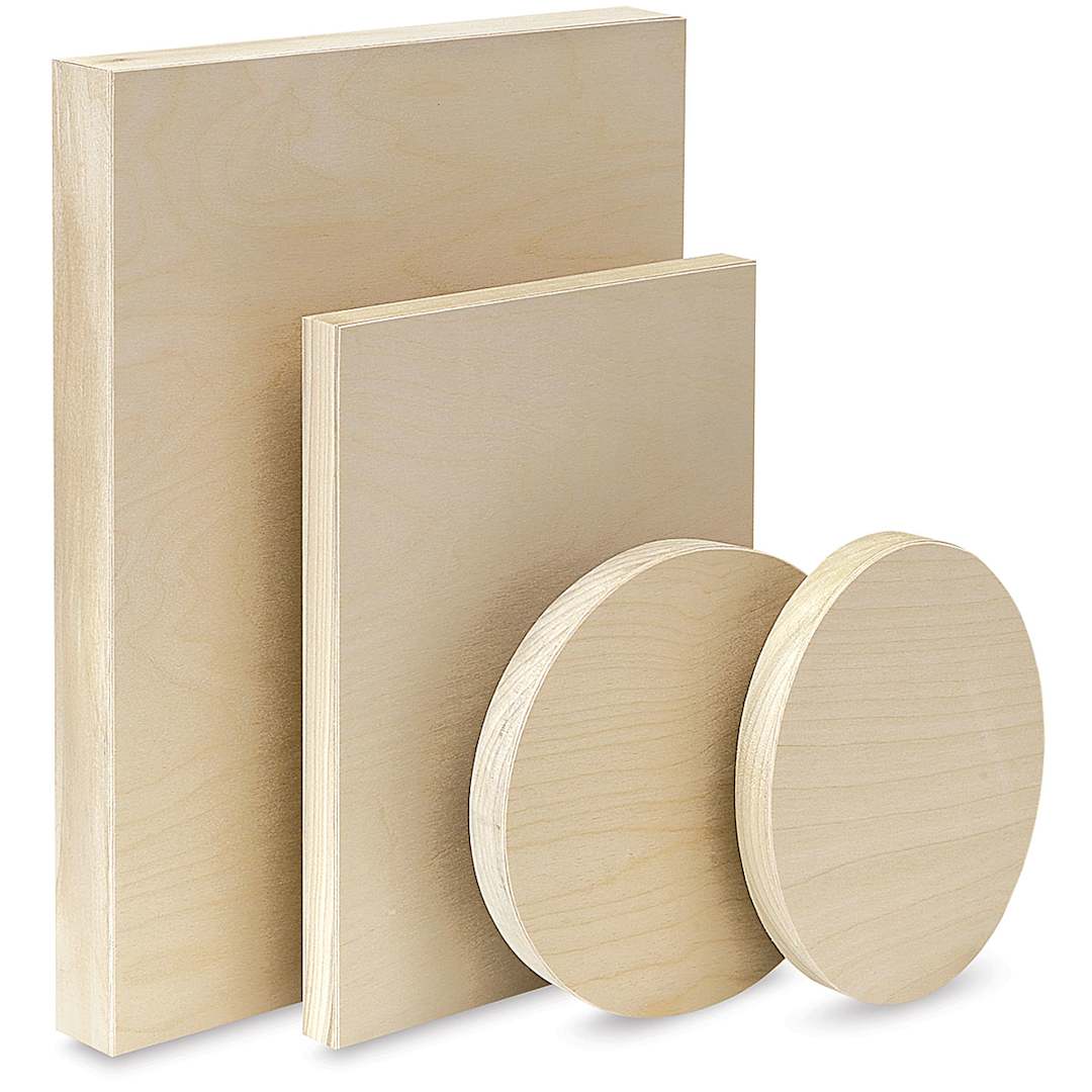 Open in modal - American Easel Wood Painting Panels - Angled view of Square and Round Panels, showing thicknesses