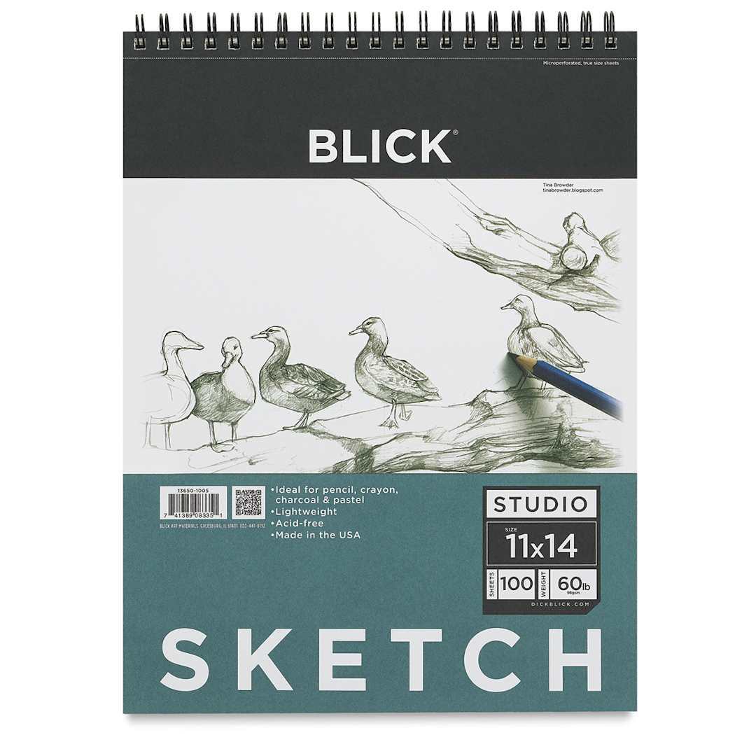 Open in modal - Blick Studio Sketch Pad-11" x 14" 100 sheets. Front of pad, wirebound at top.