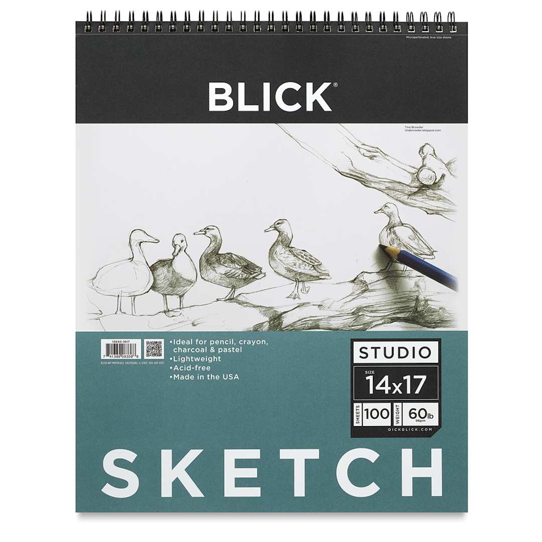 Open in modal - Blick Studio Sketch Pad-14" x 17" 100 Sheets. Front of pad, wirebound at top.
