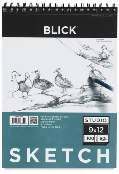 Open in modal - Blick Studio Sketch Pad-9" x 12" 100 Sheets. Front of pad, wirebound at top.