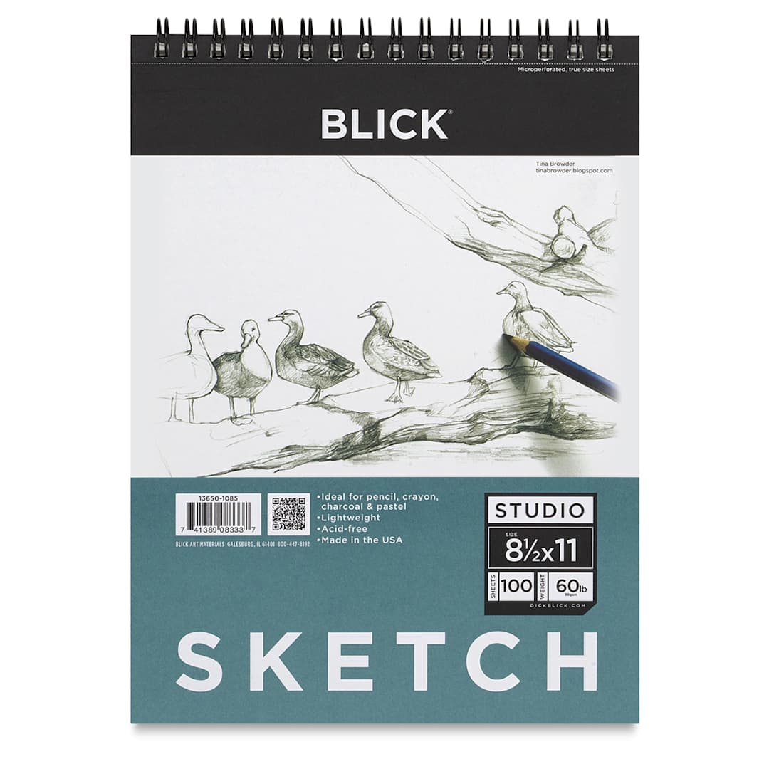 Open in modal - 
Blick Studio Sketch Pad- 8 1/2" x 11" 100 Sheets. Front of pad, wirebound at top.