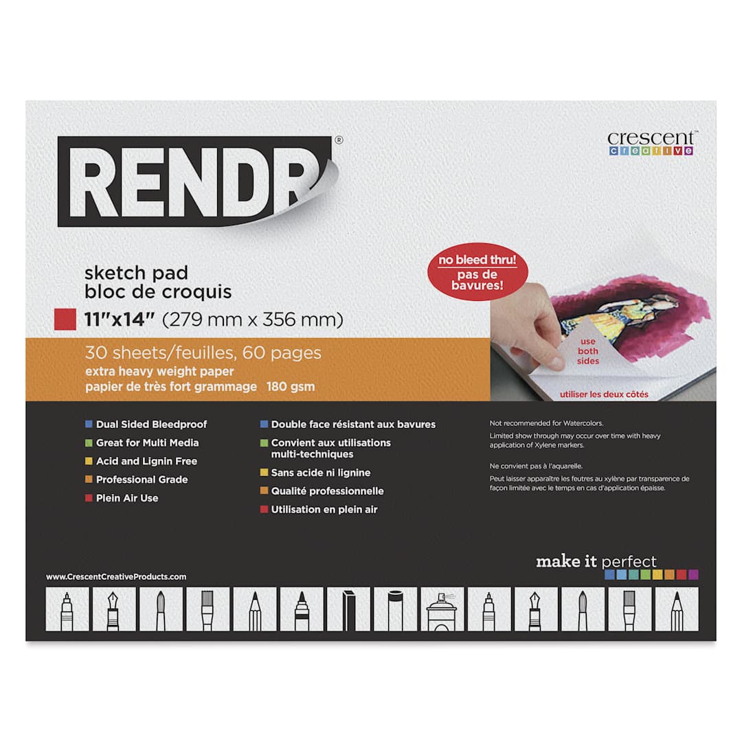 Open in modal - Crescent Rendr Tape Bound Sketch Pad - 11" x 14", 110 lb, 30 Sheets