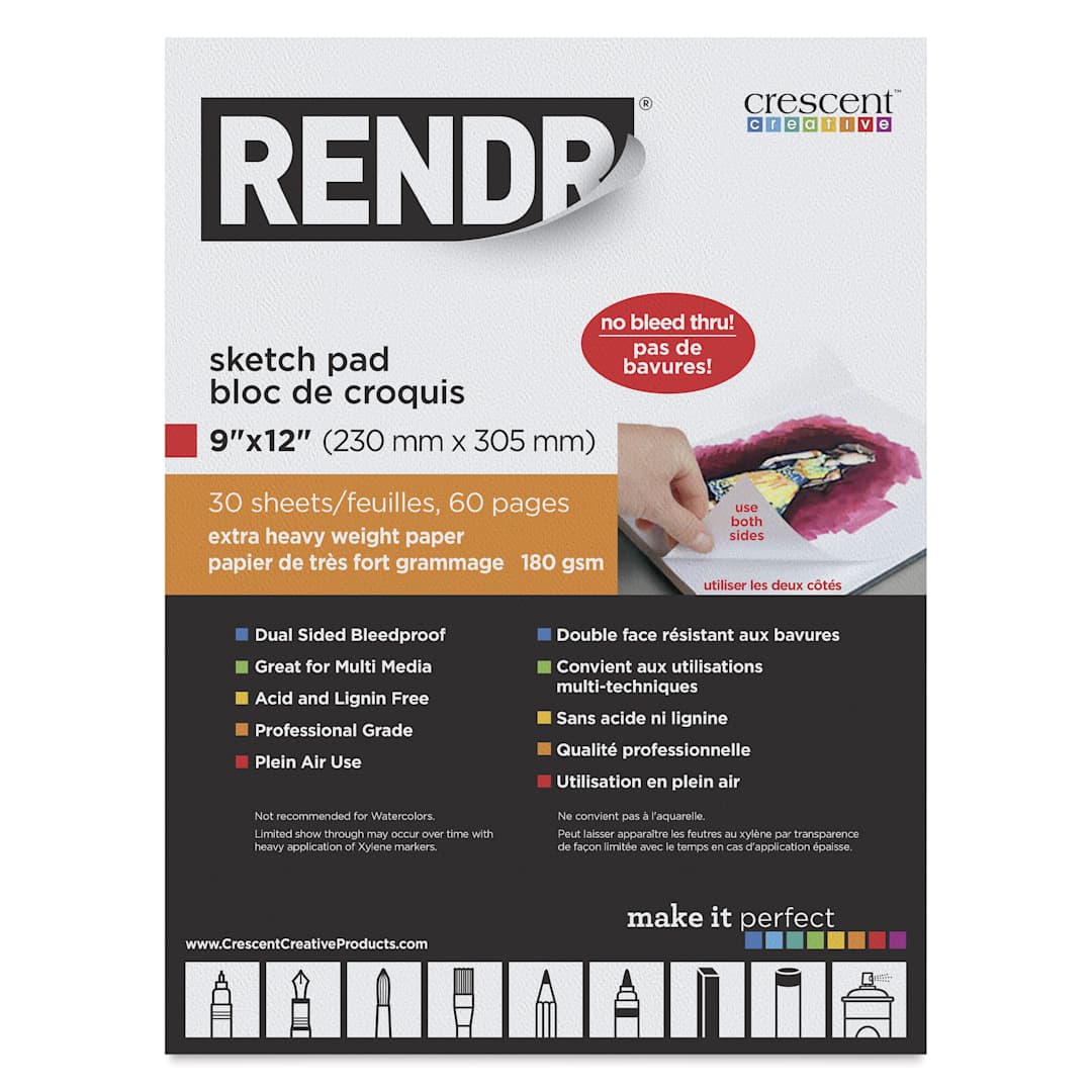 Open in modal - Crescent Rendr Tape Bound Sketch Pad - 9" x 12", 110 lb, 30 Sheets