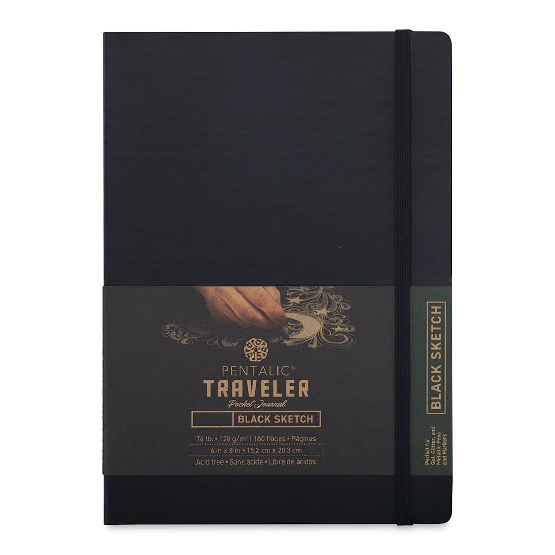 Open in modal - Pentalic Traveler Draw Pocket Journal - 8" x 6", Black Paper, Black Covre, 160 Pages