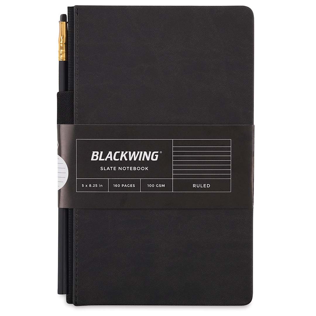 Open in modal - Blackwing Slate Notebooks - Front view of packaged ruled black notebook with pencil
