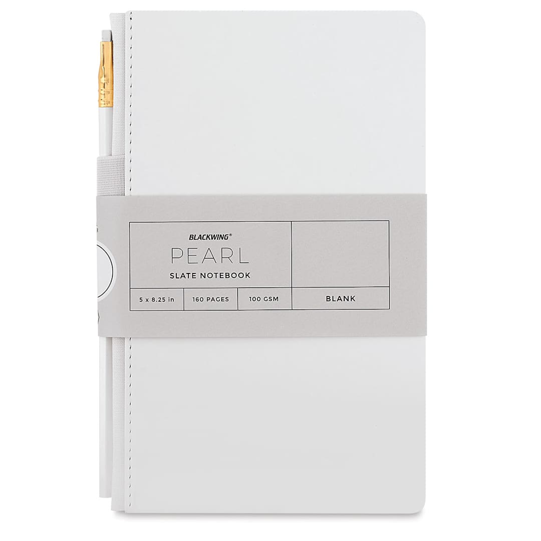 Open in modal - Blackwing Slate Notebooks - Front view of packaged blank Pearl notebook with pencil