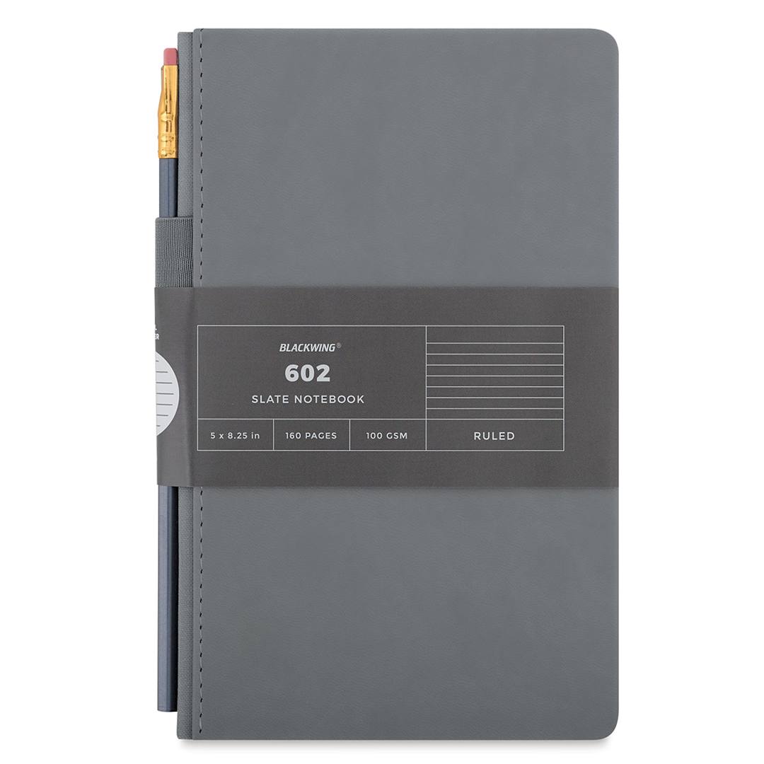 Open in modal - Blackwing Slate Notebooks - Front view of packaged ruled Slate notebook with pencil