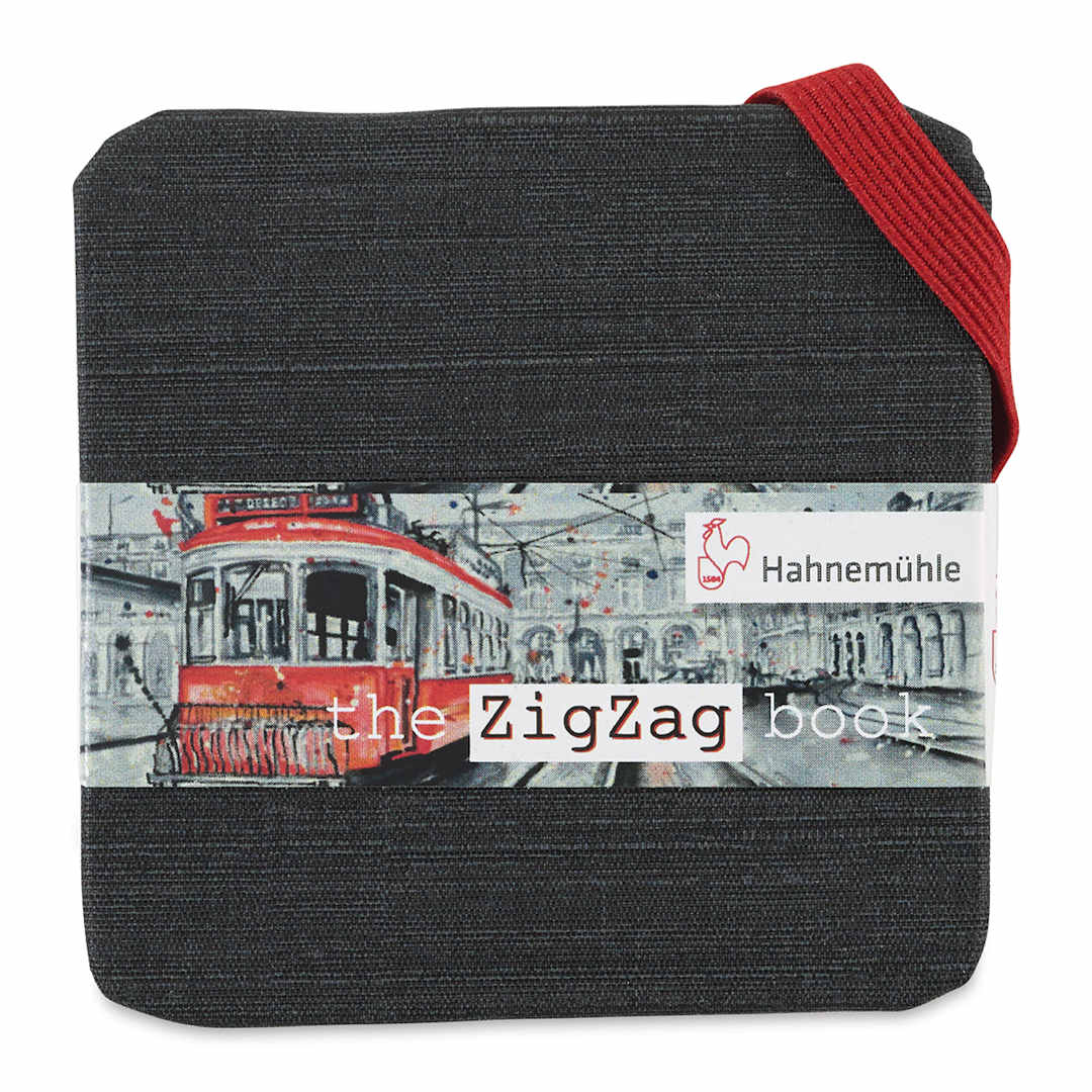 Open in modal - The ZigZag Book - Front view of 1.9" square book closed with red elastic closure