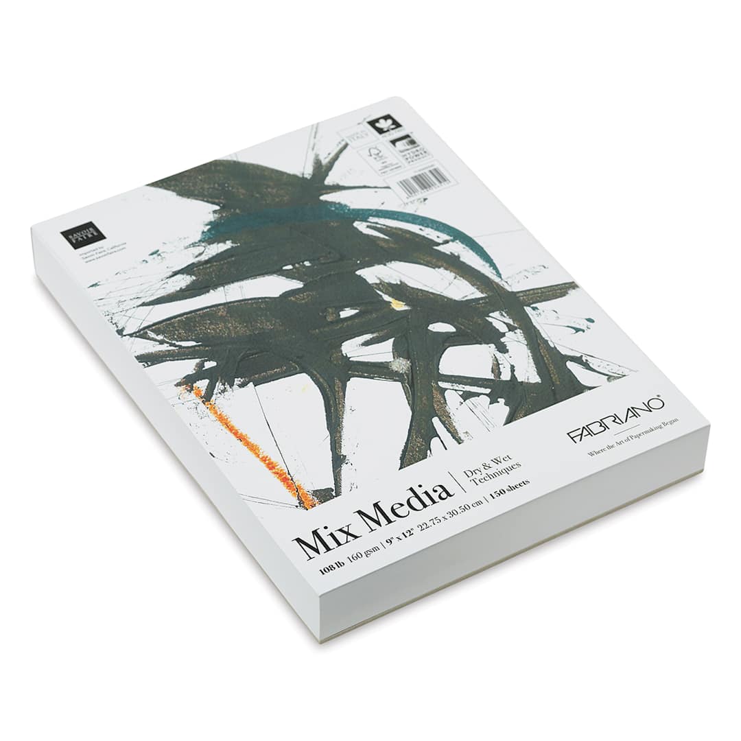 Open in modal - Fabriano Studio Mixed Media Fat Pad - angled view of 9" x 12" pad showing cover and sheets
