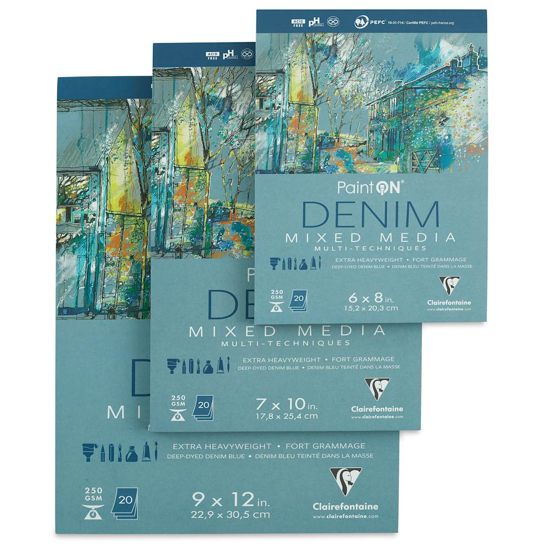 Open in modal - Clairefontaine PaintOn Mixed Media Pads - Covers of 3 different size pads of Denim paper