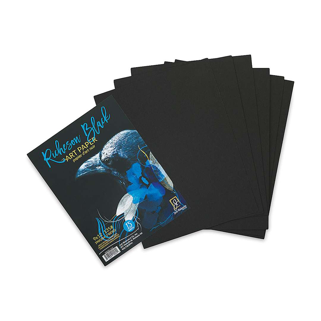 Open in modal - Richeson Black Art Paper Bulk Packs - Front of Pad of 15 sheets shown with several loose pages