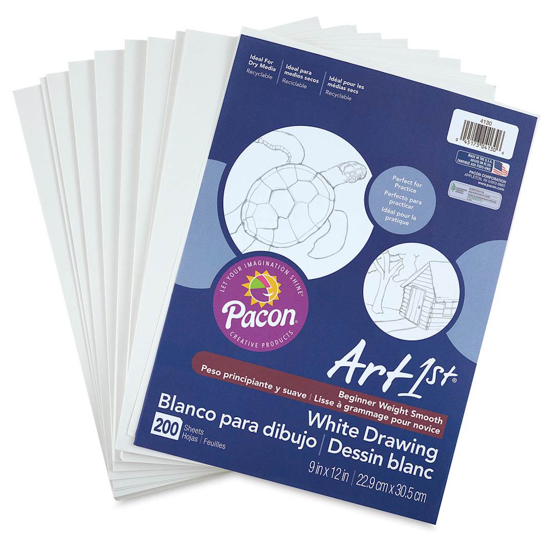 Open in modal - Pacon Art1st White Drawing Paper - Top view of package with label and sheets fanned
