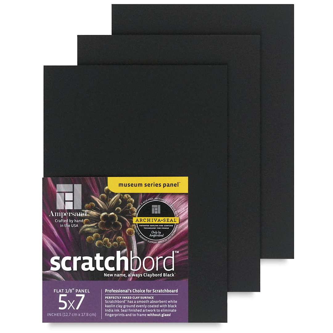 Open in modal - Ampersand Claybord Scratchbord Pack - 5" x 7", 1/8" Thick, Black, Pkg of 3