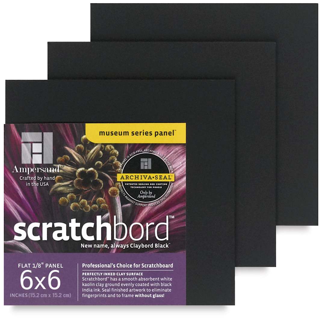 Open in modal - Ampersand Claybord Scratchbord Pack - 6" x 6", 1/8" Thick, Black, Pkg of 3