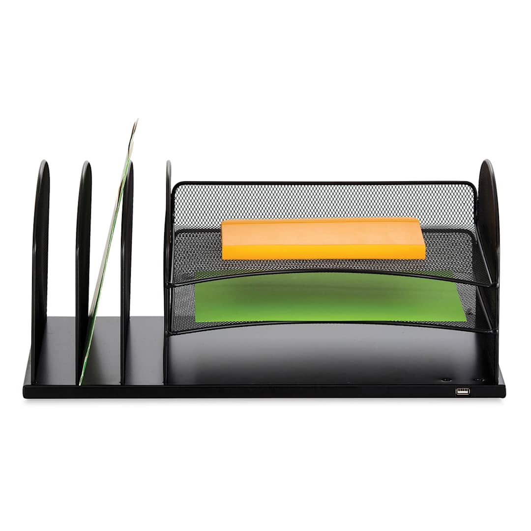 Open in modal - Powered Onyx Desk Organizers - Front view of 3 Tray/3 File slot Organizer