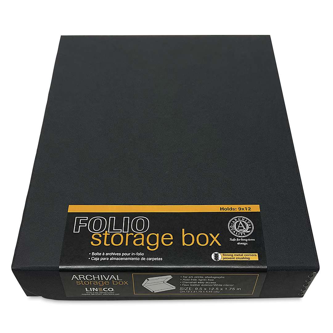 Open in modal - Lineco Folio Archival Storage Box - Black, Faux Leather, 9" x 12" with label