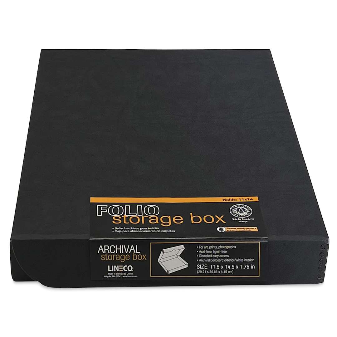 Open in modal - Lineco Folio Archival Storage Box - Black, Faux Leather, 11" x 14", with label