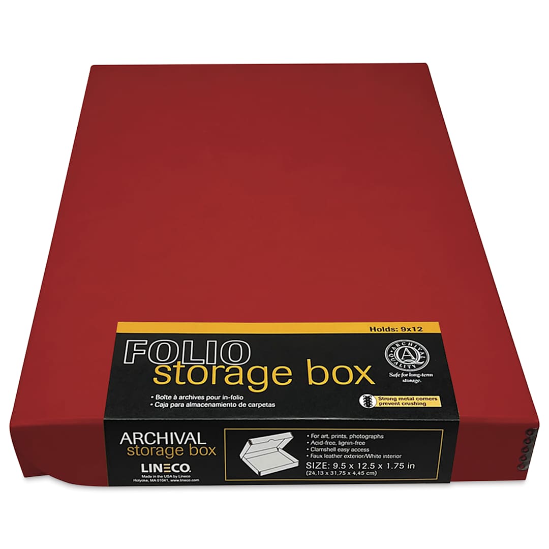Open in modal - Lineco Folio Archival Storage Box - Red, Faux Leather, 9" x 12" with label