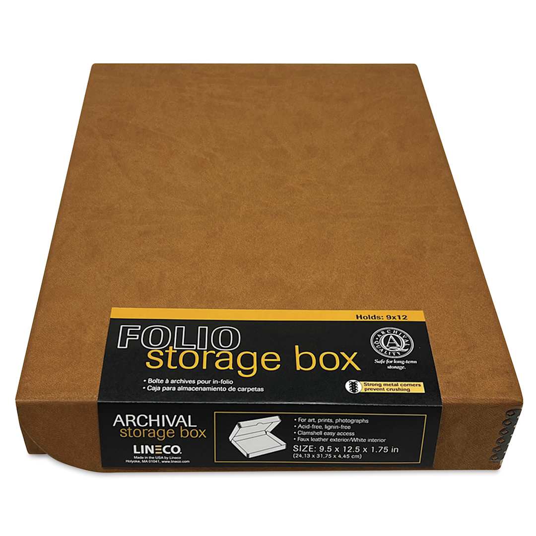 Open in modal - Lineco Folio Archival Storage Box - Tan, Faux Leather, 9" x 12" with label