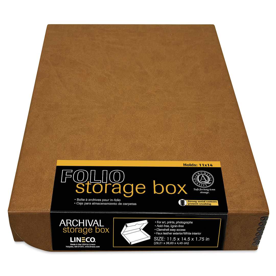 Open in modal - Lineco Folio Archival Storage Box - Tan, Faux Leather, 11" x 14" with label